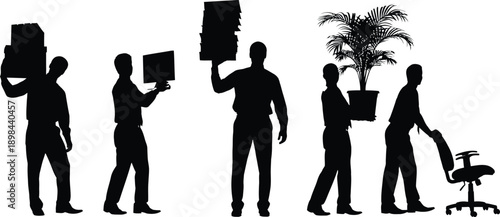 Silhouettes of people carrying various office items