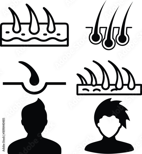 Icons representing hair follicles and human heads in silhouette, focusing on hair growth and scalp health concepts