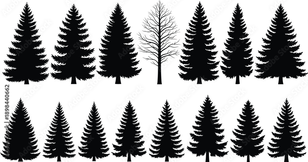 Fototapeta premium Black pine and fir tree silhouettes collection with one leafless tree, minimalist forest icons isolated on white background