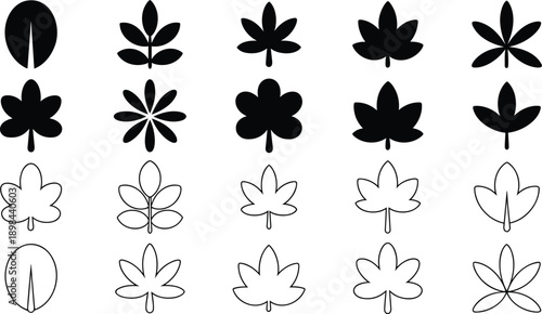 Diverse vector collection of 20 stylized black and white leaf icons, showcasing various botanical shapes in solid fill and outline stroke styles, optimized for minimalist eco-friendly design projects.
