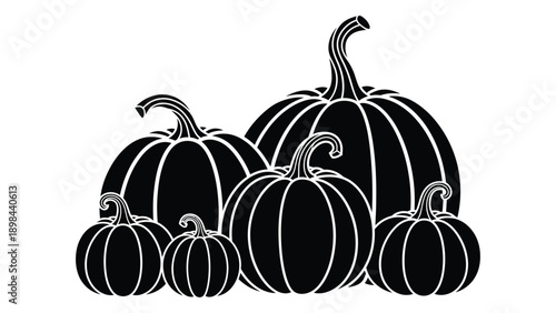 A group of pumpkins and gourds displayed together in a rustic setting. Vector