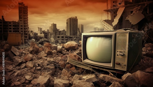 Photo of old fashioned tv set laying on pile of bricks on ruined city wasteland background.