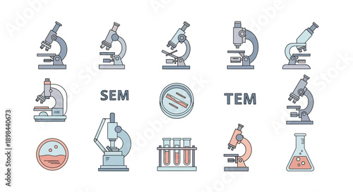 Illustration of Microscopes and Lab Equipment Depicting Scientific Research and Technology