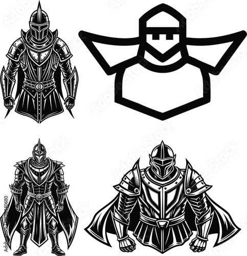 Set of armored knight illustrations including detailed warrior figures and a minimalist geometric logo of a helmeted combatant