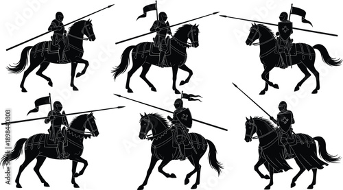 Medieval knight cavalry silhouettes set featuring armored horsemen with lances and flags isolated on white background illustration