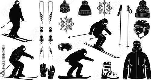 Winter sports silhouettes collection with skiers snowboarders and alpine equipment icons, ski gear elements isolated on white background