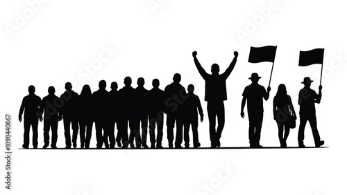 Silhouette of diverse individuals walking and holding flags, symbolizing unity and protest. Vector