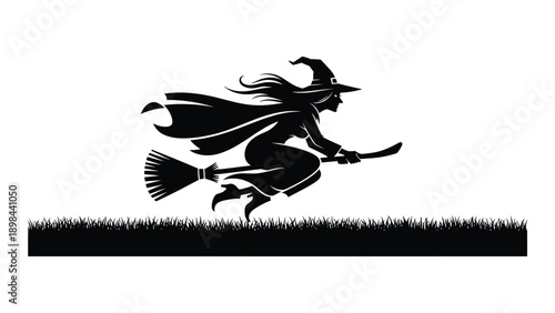 A silhouette of a witch flying on a broomstick against a starry night sky. Vector