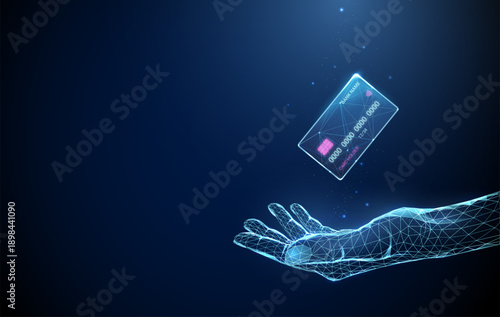 3d blue neon bank card floating above open hand. Secure payment, financial protection, contactless payment, e-commerce security, trusted finance, user safety concept.