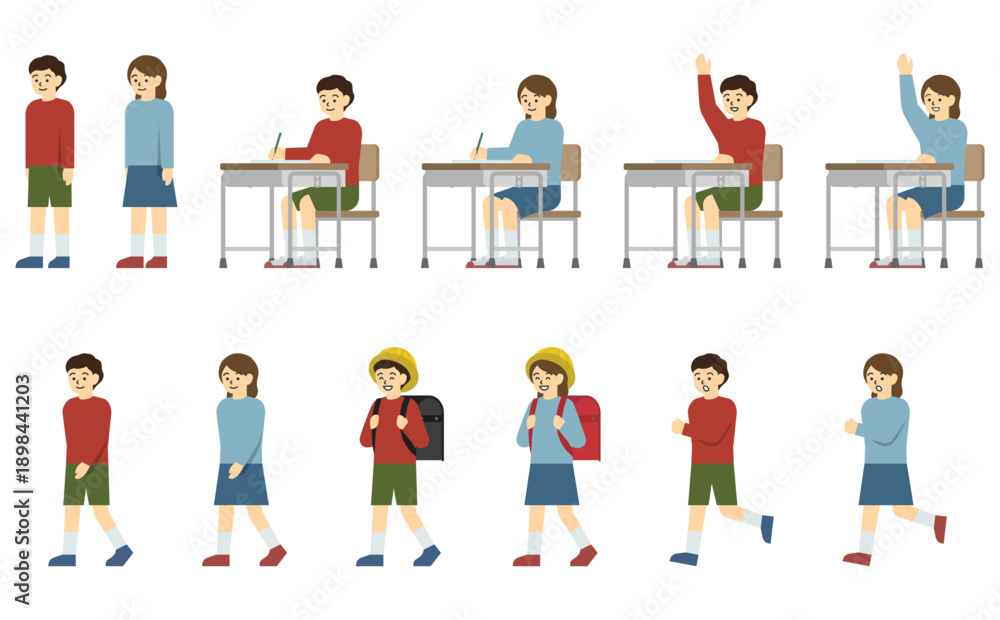 Fototapeta premium フラットイラスト：小学生男の子と女の子セット(表情あり)