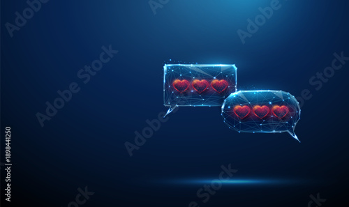 3d two speech bubbles with 3 hearts in each. Love communication, emotional messaging, positive feedback, support, social interaction, relationship expression concept.