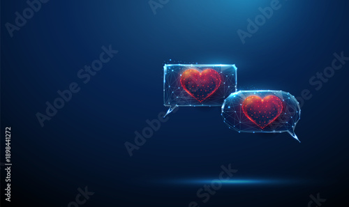 3d two speech bubbles with hearts in each Emotional communication, mutual affection, love message, positive interaction, social feedback, digital conversation concept.