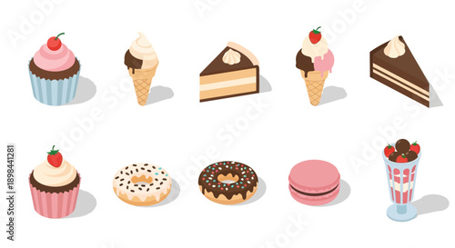 Illustration of various delicious desserts including cakes, donuts, and ice cream cones on a white