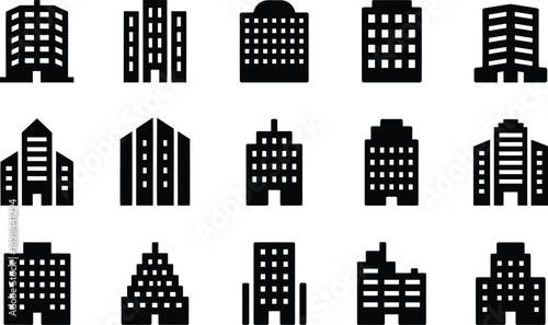 Diverse collection of fifteen black silhouette vector icons representing modern high-rise buildings, corporate offices, and apartment complexes, essential glyphs for mapping and UI/UX design.