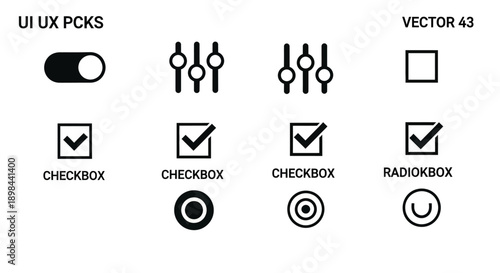 Set of minimalist ui ux control elements with toggle switches sliders checkboxes and radio buttons for web interface design and mobile application