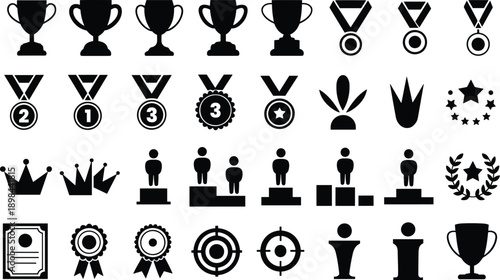 Large collection of achievement and success vector icons featuring trophies, medals, podiums, crowns, and certificates for competition winners and recognition.