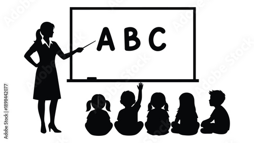 A teacher in front of a classroom with students and an abc on the board Vector
