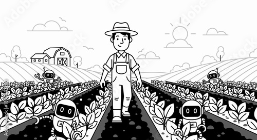 Farmer Standing with Robots in Crop Field.