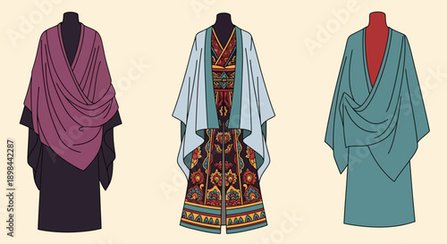 Fashionable dresses on mannequins for display.