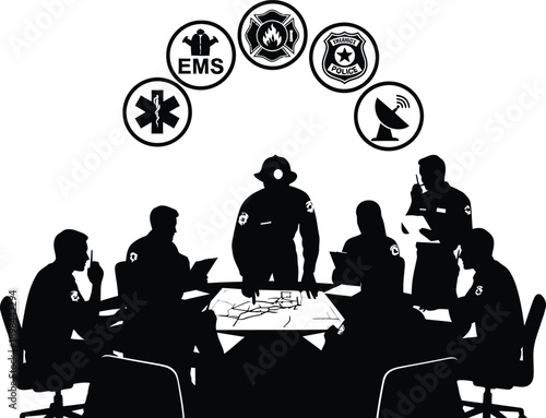 Emergency response team meeting with medical and rescue symbols