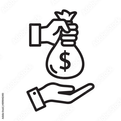Hands exchanging money bag icon, financial transaction