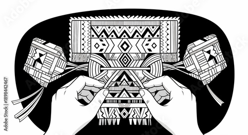 Hands holding traditional African drums and fabric.