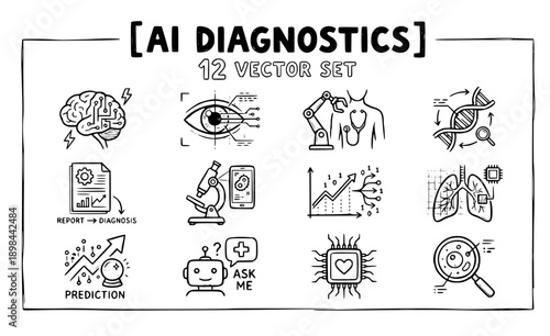 AI Health Diagnostics Vector Set - 12 Artificial Intelligence Medical Icons Silhouettes