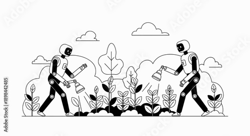 Illustration of People Watering Plants with Can.