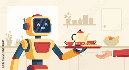 Robot Serving Tea in Teapot and Cup.