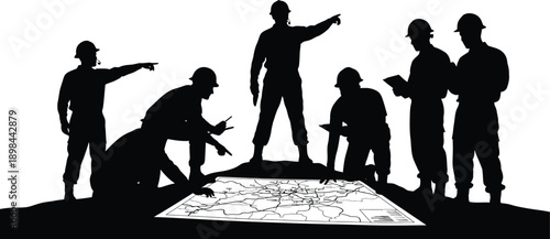 Silhouette of six people standing on a map