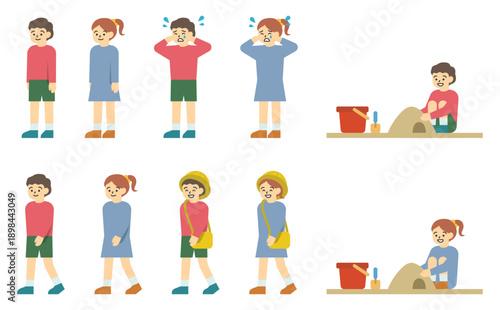 フラットイラスト：小さい男の子と女の子セット(表情あり)