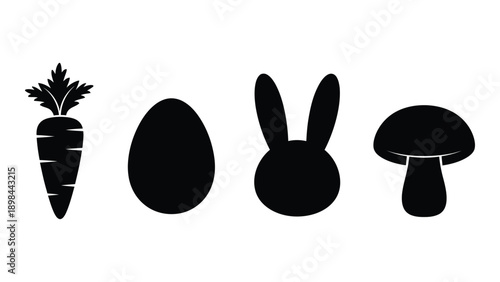 Fotografie A collection of four distinct black silhouettes featuring a carrot, an egg, a rabbit, and a mushroom
