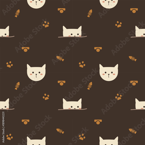 Face cat cartoon so cute. On collar fishbone footprint brown background. Pattern seamless vector illustration. 