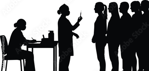 Silhouette of a nurse talking to doctor with group of people waiting