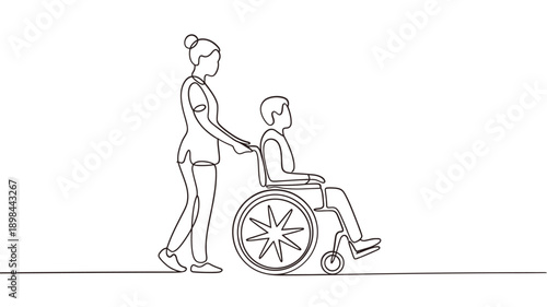 Continuous line drawing of a nurse assisting a patient in a wheelchair