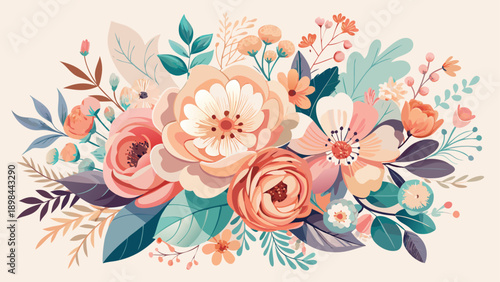 Very beautiful artistic pastel floral arrangement with soft colors and delicate blossoms, forming a harmonious composition ideal for elegant prints, greeting cards, and wedding designs.
