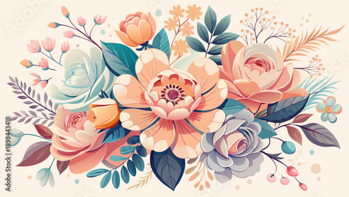 Very beautiful artistic pastel floral arrangement with soft colors and delicate blossoms, forming a harmonious composition ideal for elegant prints, greeting cards, and wedding designs.

