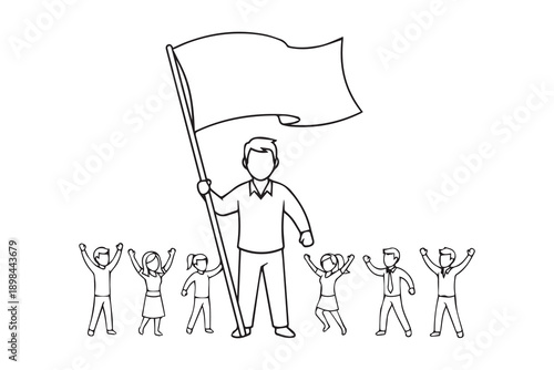 Leader Holding Flag and Inspiring Crowd - Line Art