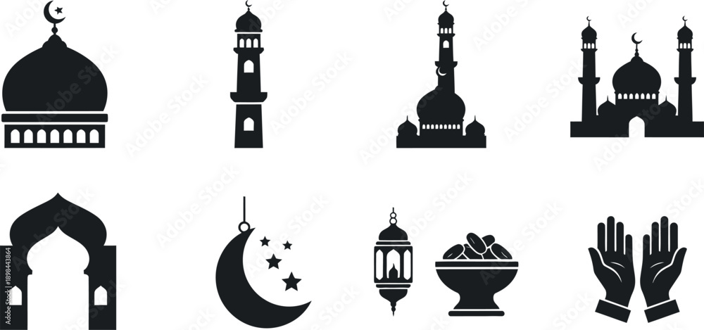 Naklejka premium Islamic Architecture and Symbols Collection Silhouette Icons vector illustration
