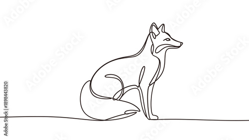 Continuous line drawing of a seated fox with a focused gaze
