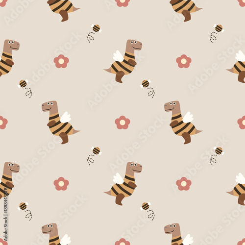 Dinosaur cosplay bee cartoon so cute. On flower background. Pattern seamless vector illustration. 