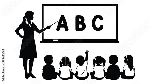 Teacher instructing students in a classroom setting with a whiteboard Vector