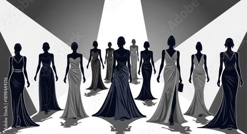 Elegant Women in Evening Gowns on a Catwalk.
