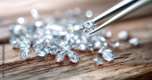 Wallpaper Mural The Diamond Held by Tweezers Above Scattered Loose Diamonds on Rustic Wood Surface Torontodigital.ca