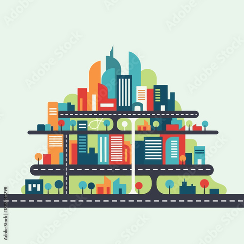 Cityscape with buildings and roads.