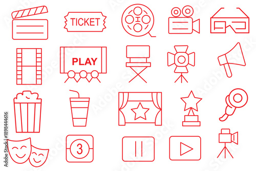 Cinema web icons in line style. Film, popcorn, video, movie theater, 3d, vr, collection. Vector illustration