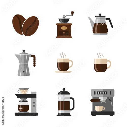 Coffee Making Icons: Beans, Grinder, Pots, Mugs, Espresso Machine
