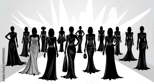 Elegant women in formal gowns on a runway.
