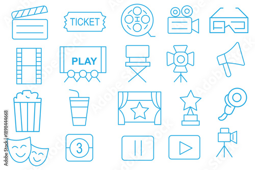 Cinema web icons in line style. Film, popcorn, video, movie theater, 3d, vr, collection. Vector illustration