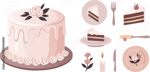 Pink Valentine Cake with Rose Topping and Dessert Element Set for Romantic Celebration, Birthday, and Wedding Design